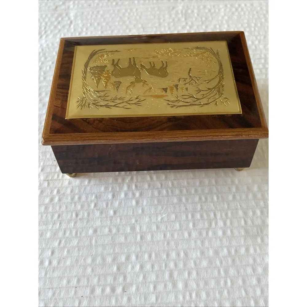 Vintage Reuge Wooden Music Box Red Felt Inside Plays White Christmas